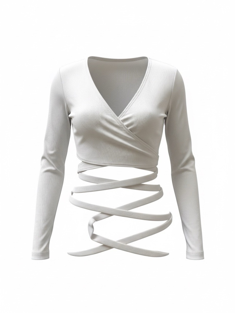 white ribbed long-sleeve wrap crop top with extra-long waist ties.